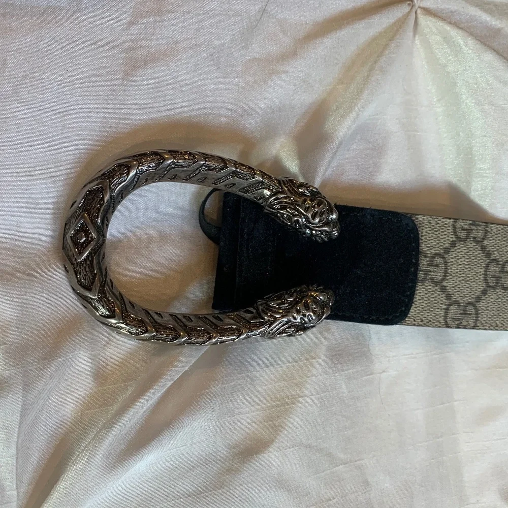 Gucci Black Suede/Leather Dionysus Logo Belt sz 80(32) Gucci GG Supreme Monogram Suede Dionysus 40mm Belt 80 32  main image 4